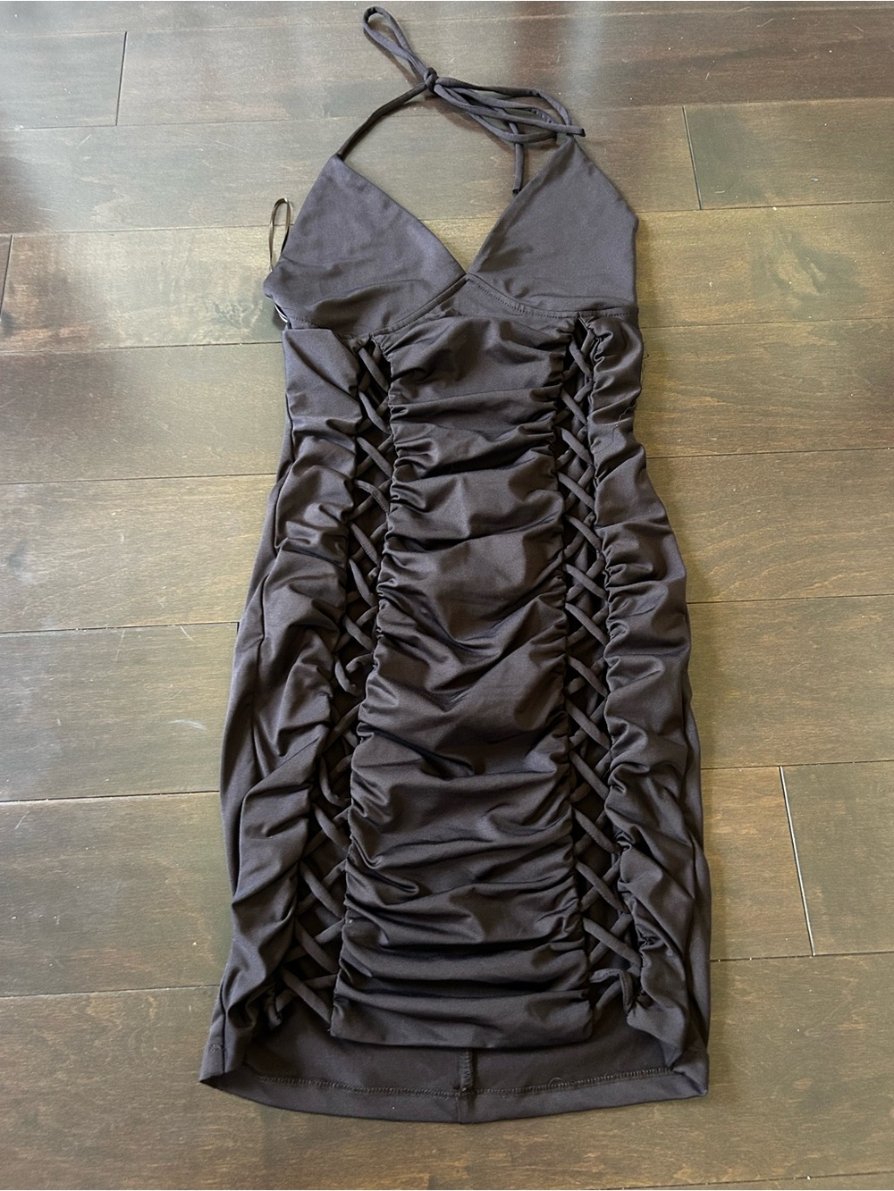 Brown See Through Crossed Detail Halter Bodycon Dress
